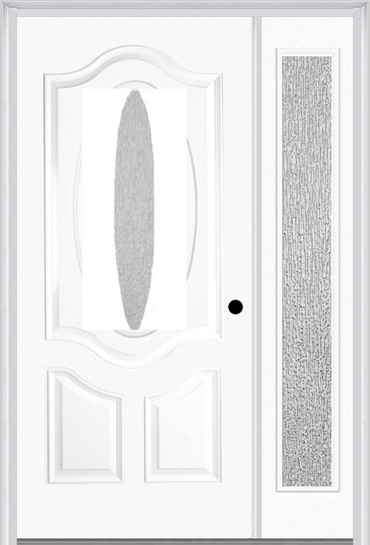 MMI SMALL OVAL 2 PANEL DELUXE 3'0" X 6'8" RAIN LOW-E FIBERGLASS SMOOTH EXTERIOR PREHUNG DOOR WITH 1 FULL LITE RAIN LOW-E GLASS SIDELIGHT 749