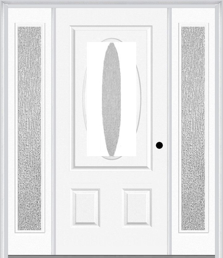 MMI SMALL OVAL 2 PANEL 3'0" X 6'8" RAIN LOW-E FIBERGLASS SMOOTH EXTERIOR PREHUNG DOOR WITH 2 FULL LITE RAIN LOW-E GLASS SIDELIGHTS 949