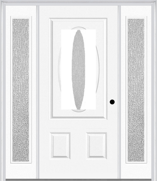 MMI SMALL OVAL 2 PANEL 3'0" X 6'8" RAIN LOW-E FIBERGLASS SMOOTH EXTERIOR PREHUNG DOOR WITH 2 FULL LITE RAIN LOW-E GLASS SIDELIGHTS 949