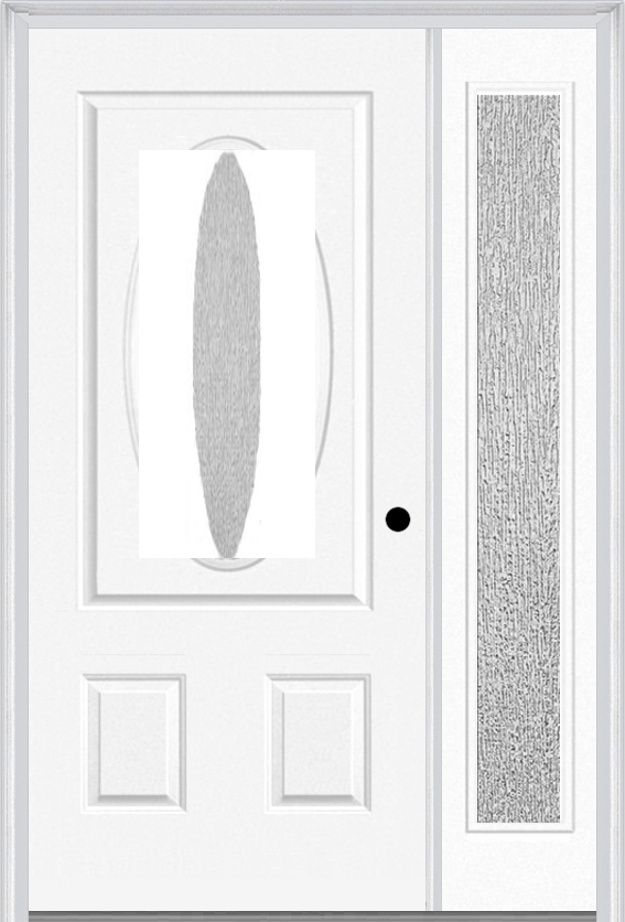 MMI SMALL OVAL 2 PANEL 3'0" X 6'8" RAIN LOW-E FIBERGLASS SMOOTH EXTERIOR PREHUNG DOOR WITH 1 FULL LITE RAIN LOW-E GLASS SIDELIGHT 949