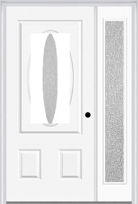 MMI SMALL OVAL 2 PANEL 3'0" X 6'8" RAIN LOW-E FIBERGLASS SMOOTH EXTERIOR PREHUNG DOOR WITH 1 FULL LITE RAIN LOW-E GLASS SIDELIGHT 949