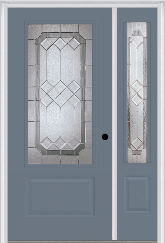 MMI 3/4 Lite 1 Panel 6'8" Fiberglass Smooth Majestic Nickel Exterior Prehung Door With 1 Majestic Nickel 3/4 Lite Decorative Glass Sidelight 608