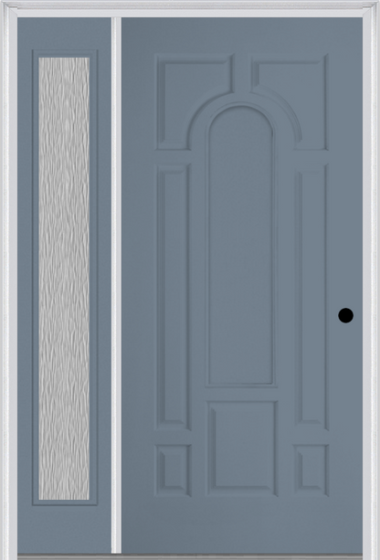 MMI 8 Panel Center Arch 3'0" X 6'8" Fiberglass Smooth Exterior Prehung Door With 1 Full Lite Clear Or Privacy/Textured Glass Sidelight 630