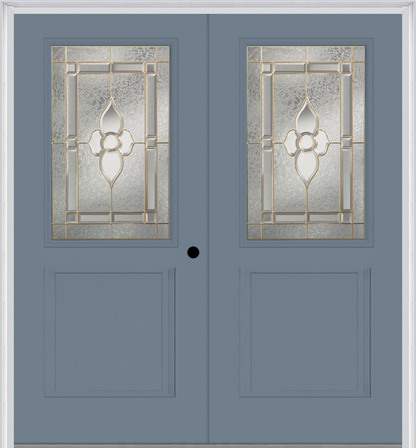 MMI TWIN/DOUBLE 1/2 LITE 1 PANEL 6'8" FIBERGLASS SMOOTH NOUVEAU NICKEL OR NOUVEAU PATINA DECORATIVE GLASS EXTERIOR PREHUNG DOOR 682