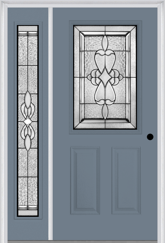 MMI 1/2 Lite 2 Panel 6'8" Fiberglass Smooth Jamestown Patina Exterior Prehung Door With 1 Full Lite Jamestown Patina Decorative Glass Sidelight 684