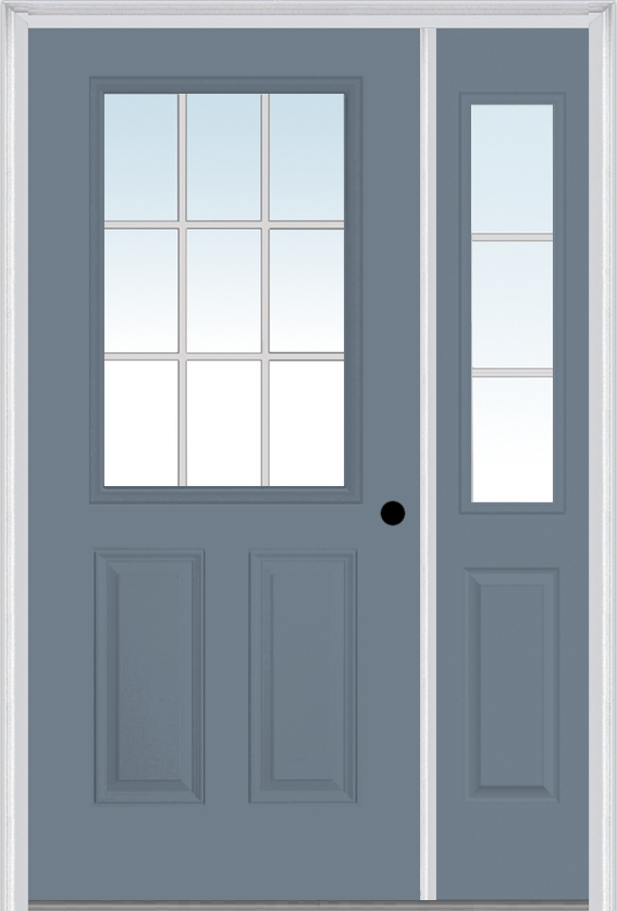MMI 1/2 Lite 2 Panel External SDL Grilles 3'0" X 6'8" Fiberglass Smooth Exterior Prehung Door With 1 Half Lite Glass SDL Grilles Sidelight 55