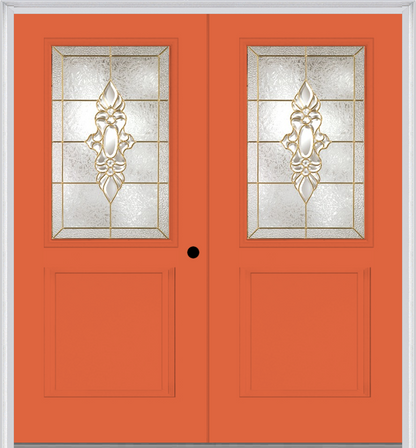 MMI TWIN/DOUBLE 1/2 LITE 1 PANEL 6'8" FIBERGLASS SMOOTH HEIRLOOMS BRASS OR HEIRLOOMS SATIN NICKEL DECORATIVE GLASS EXTERIOR PREHUNG DOOR 682