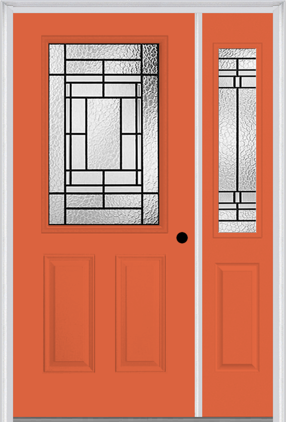 MMI 1/2 Lite 2 Panel 6'8" Fiberglass Smooth Pembrook Patina Exterior Prehung Door With 1 Half Lite Pembrook Patina Decorative Glass Sidelight 684