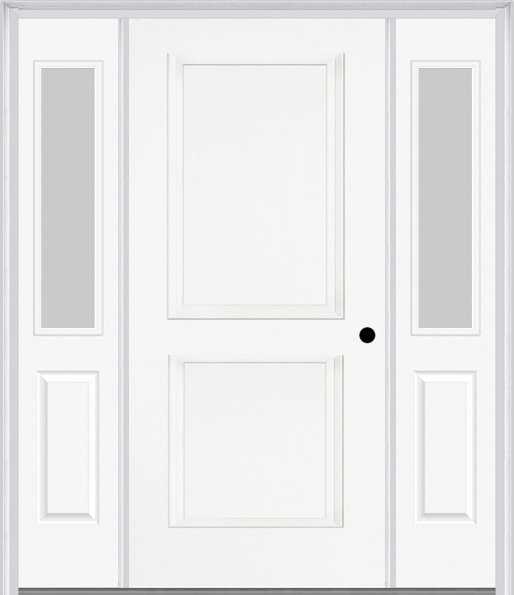 MMI TRUE 2 PANEL 3'0" X 6'8" FIBERGLASS SMOOTH EXTERIOR PREHUNG DOOR WITH 2 HALF LITE CLEAR OR PRIVACY/TEXTURED GLASS SIDELIGHTS 20