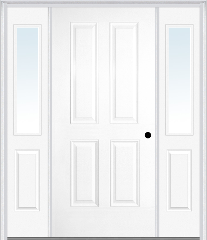 MMI TRUE 4 PANEL 3'0" X 6'8" FIBERGLASS SMOOTH EXTERIOR PREHUNG DOOR WITH 2 HALF LITE CLEAR OR PRIVACY/TEXTURED GLASS SIDELIGHTS 40