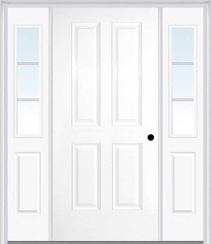 MMI TRUE 4 PANEL 3'0" X 6'8" FIBERGLASS SMOOTH EXTERIOR PREHUNG DOOR WITH 2 HALF LITE SDL GRILLES SIDELIGHTS 40