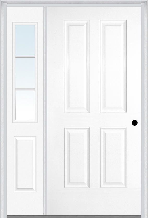 MMI TRUE 4 PANEL 3'0" X 6'8" FIBERGLASS SMOOTH EXTERIOR PREHUNG DOOR WITH 1 HALF LITE SDL GRILLES GLASS SIDELIGHT 40