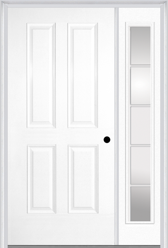 MMI TRUE 4 PANEL 3'0" X 6'8" FIBERGLASS SMOOTH EXTERIOR PREHUNG DOOR WITH 1 FULL LITE SDL GRILLES GLASS SIDELIGHT 40