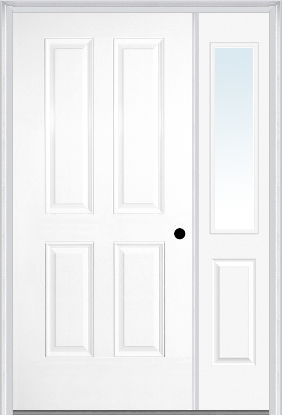 MMI TRUE 4 PANEL 3'0" X 6'8" FIBERGLASS SMOOTH EXTERIOR PREHUNG DOOR WITH 1 HALF LITE CLEAR OR PRIVACY/TEXTURED GLASS SIDELIGHT 40