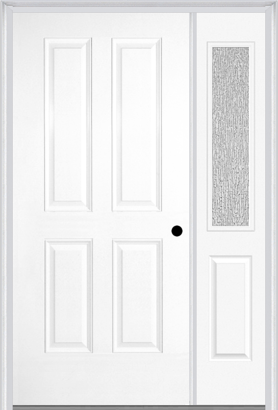 MMI TRUE 4 PANEL 3'0" X 6'8" FIBERGLASS SMOOTH EXTERIOR PREHUNG DOOR WITH 1 HALF LITE CLEAR OR PRIVACY/TEXTURED GLASS SIDELIGHT 40