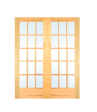 MMI TWIN/DOUBLE 15 LITE CLEAR 6'8" X 1-3/8 PRIMED PINE OR PINE TRUE DIVIDED OVOLO TEMPERED GLASS INTERIOR FRENCH PREHUNG DOOR