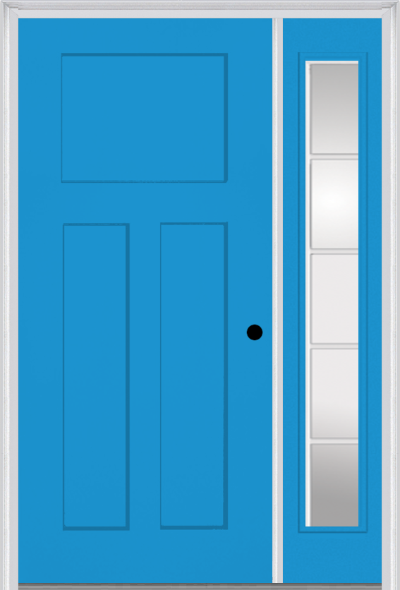 MMI Craftsman 3 Panel Shaker 3'0" X 6'8" Fiberglass Smooth Exterior Prehung Door With 1 Full Lite SDL Grilles Glass Sidelight 30