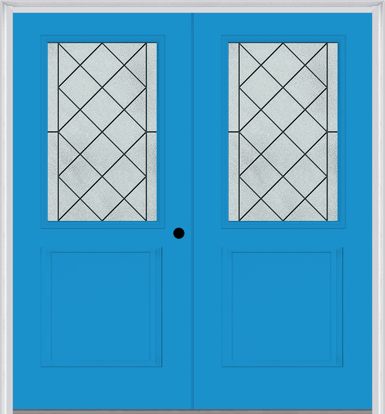 MMI TWIN/DOUBLE 1/2 LITE 1 PANEL 6'8" FIBERGLASS SMOOTH HARRIS PATINA DECORATIVE GLASS EXTERIOR PREHUNG DOOR 682