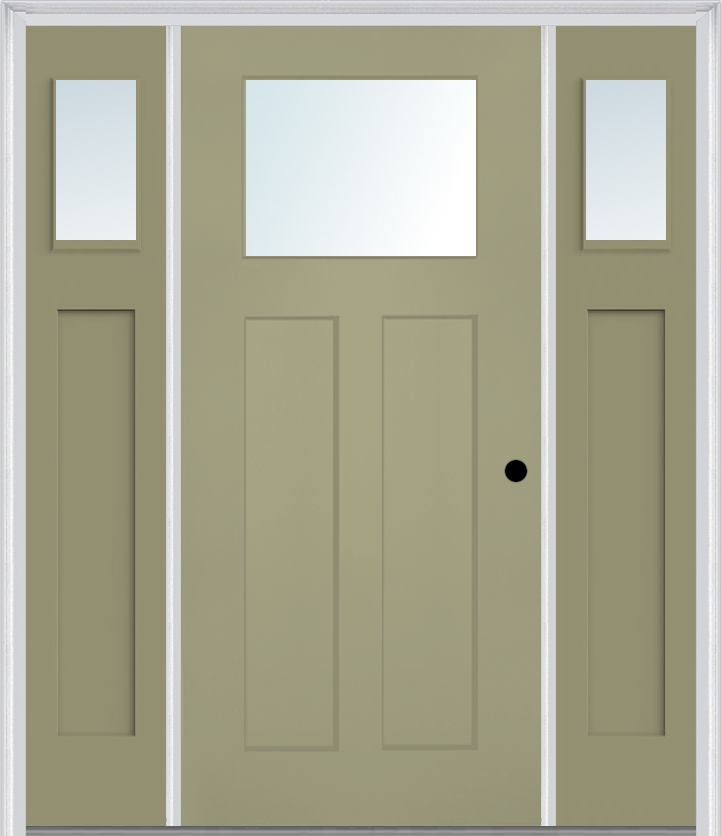 MMI Craftsman 2 Panel Shaker 3'0" X 6'8" Fiberglass Smooth Low-E Glass Exterior Prehung Door With 2 Clear Or SDL 1/4 Craftsman Lite Glass Sidelights 866, 867 SDL, Or 868 SDL