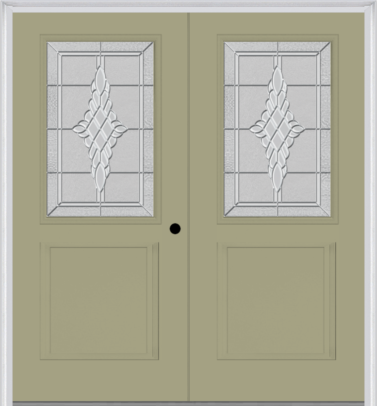 MMI TWIN/DOUBLE 1/2 LITE 1 PANEL 6'8" FIBERGLASS SMOOTH GRACE NICKEL OR GRACE PATINA DECORATIVE GLASS EXTERIOR PREHUNG DOOR 682