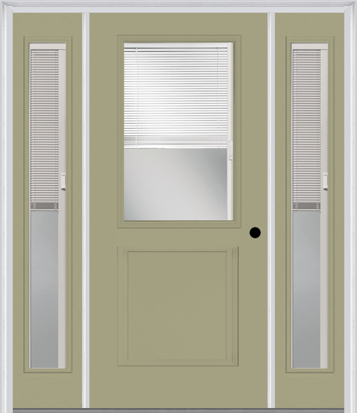 MMI 1/2 Lite 1 Panel Raise/Lower Blinds 3'0" X 6'8" Fiberglass Smooth Exterior Prehung Door With 2 Full Lite Glass Raise/Lower Blinds Sidelights 682 RLB 690 RLB
