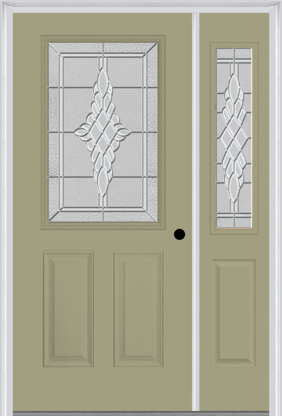 MMI 1/2 Lite 2 Panel 6'8" Fiberglass Smooth Grace Nickel Or Grace Patina Exterior Prehung Door With 1 Half Lite Grace Nickel/Patina Decorative Glass Sidelight 684
