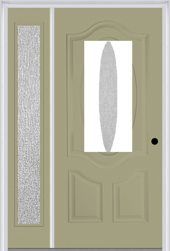 MMI SMALL OVAL 2 PANEL DELUXE 3'0" X 6'8" RAIN LOW-E FIBERGLASS SMOOTH EXTERIOR PREHUNG DOOR WITH 1 FULL LITE RAIN LOW-E GLASS SIDELIGHT 749