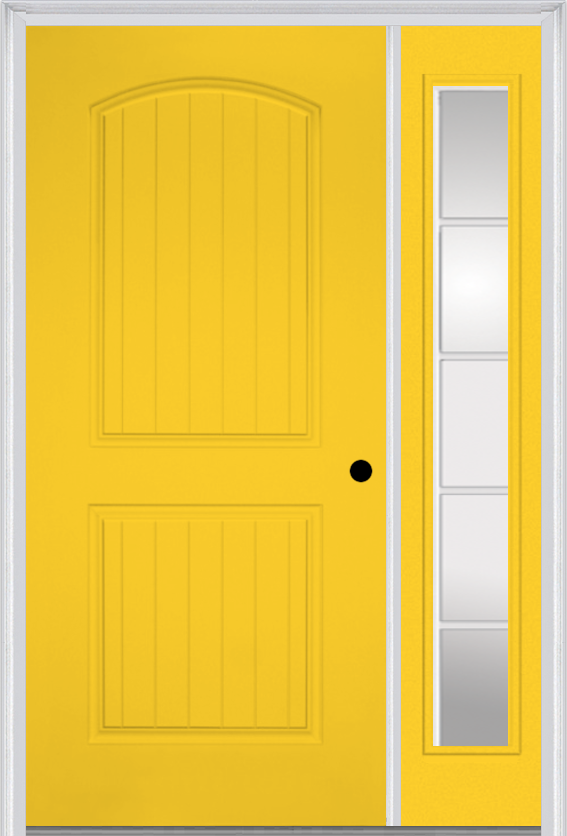 MMI 2 Panel Arch Planked 3'0" X 6'8" Fiberglass Smooth Exterior Prehung Door With 1 Full Lite SDL Grilles Glass Sidelight 200