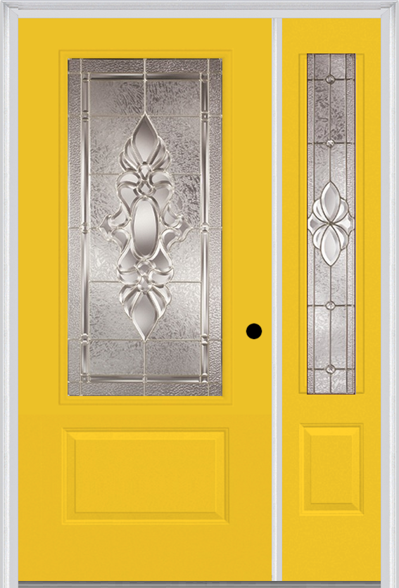MMI 3/4 Lite 1 Panel 3'0" X 6'8" Fiberglass Smooth Heirlooms Brass Or Heirlooms Satin Nickel Exterior Prehung Door With 1 Heirlooms Brass/Satin Nickel 3/4 Lite Decorative Glass Sidelight 608