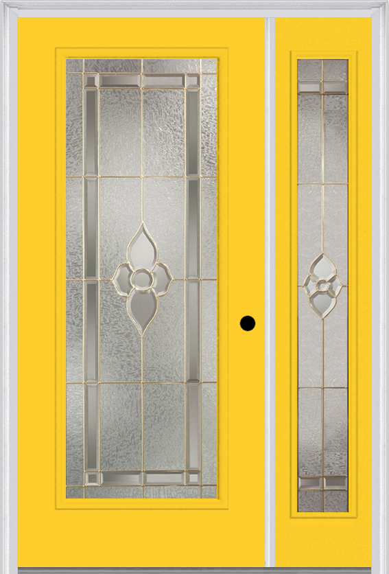 MMI Full Lite 3'0" X 6'8" Fiberglass Smooth Nouveau Nickel Or Nouveau Patina Exterior Prehung Door With 1 Full Lite Nouveau Brass, Nickel, Or Patina Decorative Glass Sidelight 686