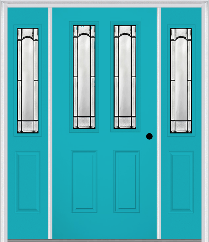 MMI 2-1/2 Lite 2 Panel 6'8" Fiberglass Smooth Soleil Patina Exterior Prehung Door With 2 Half Lite Soleil Patina Decorative Glass Sidelights 692