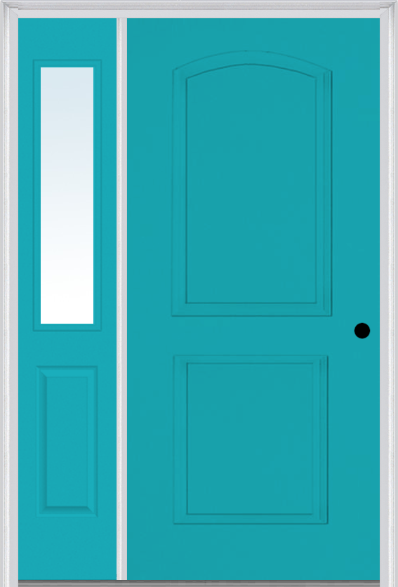 MMI 2 Panel Arch 3'0" X 6'8" Fiberglass Smooth Exterior Prehung Door With 1 Half Lite Clear Or Privacy/Textured Glass Sidelight 22