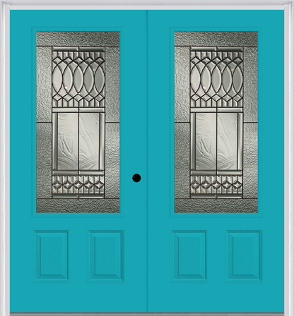 MMI TWIN/DOUBLE 3/4 LITE 2 PANEL 6'0" X 6'8" FIBERGLASS SMOOTH PARIS PATINA DECORATIVE GLASS EXTERIOR PREHUNG DOOR 607