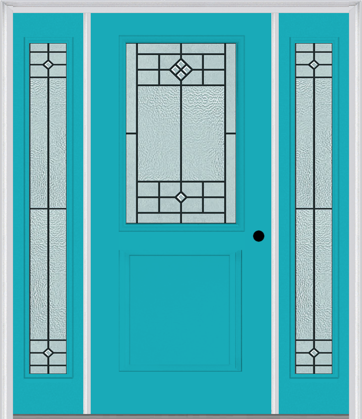 MMI 1/2 Lite 1 Panel 6'8" Fiberglass Smooth Beaufort Patina Exterior Prehung Door With 2 Full Lite Beaufort Patina Decorative Glass Sidelights 682