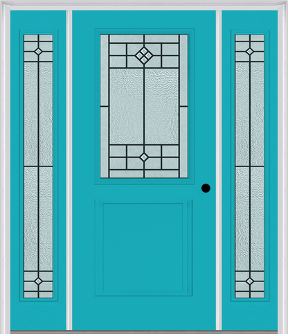 MMI 1/2 Lite 1 Panel 6'8" Fiberglass Smooth Beaufort Patina Exterior Prehung Door With 2 Full Lite Beaufort Patina Decorative Glass Sidelights 682