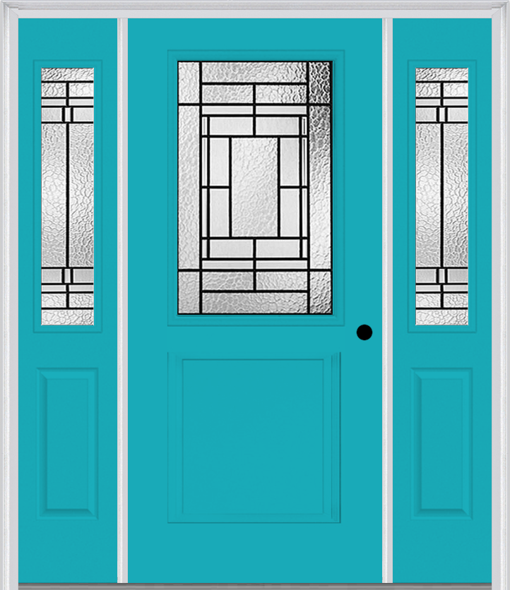 MMI 1/2 Lite 1 Panel 6'8" Fiberglass Smooth Pembrook Patina Exterior Prehung Door With 2 Half Lite Pembrook Patina Decorative Glass Sidelights 682