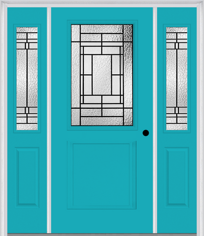 MMI 1/2 Lite 1 Panel 6'8" Fiberglass Smooth Pembrook Patina Exterior Prehung Door With 2 Half Lite Pembrook Patina Decorative Glass Sidelights 682