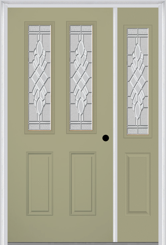 MMI 2-1/2 Lite 2 Panel 3'0" X 6'8" Fiberglass Smooth Grace Nickel Or Grace Patina Exterior Prehung Door With 1 Half Lite Grace Nickel/Patina Decorative Glass Sidelight 692