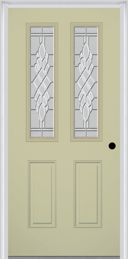 MMI 2-1/2 Lite 2 Panel 6'8" Fiberglass Smooth Grace Nickel Or Grace Patina Decorative Glass Exterior Prehung Door 692