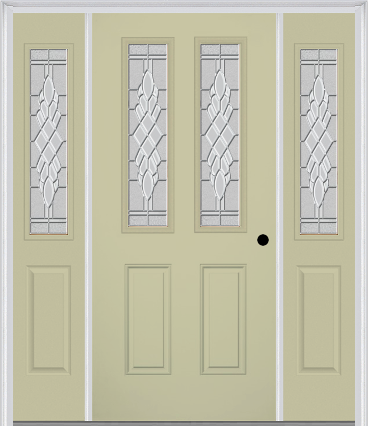 MMI 2-1/2 Lite 2 Panel 6'8" Fiberglass Smooth Grace Nickel Or Grace Patina Exterior Prehung Door With 2 Half Lite Grace Nickel/Patina Decorative Glass Sidelights 692