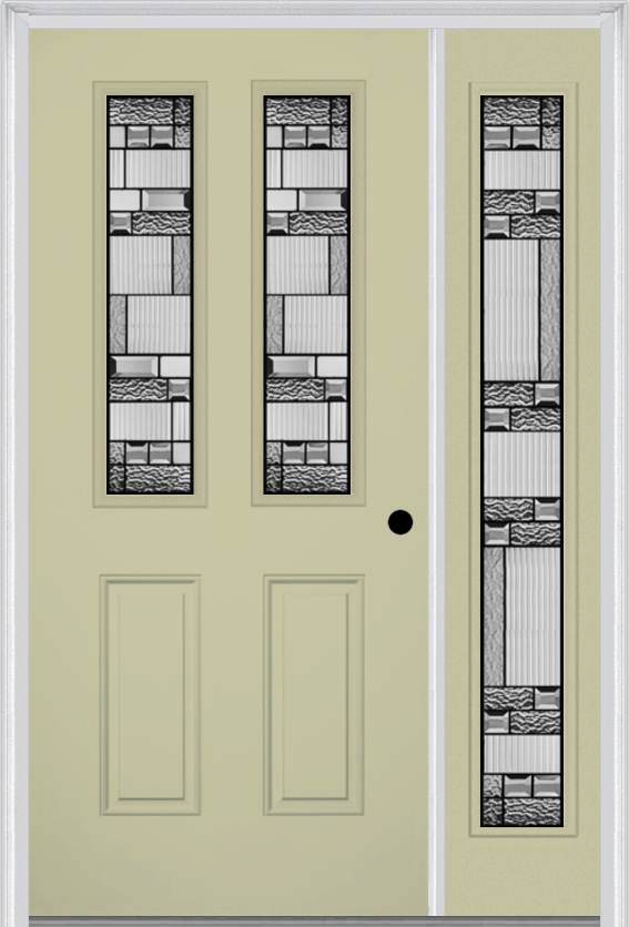 MMI 2-1/2 Lite 2 Panel 6'8" Fiberglass Smooth Metro Patina Exterior Prehung Door With 1 Full Lite Metro Patina Decorative Glass Sidelight 692