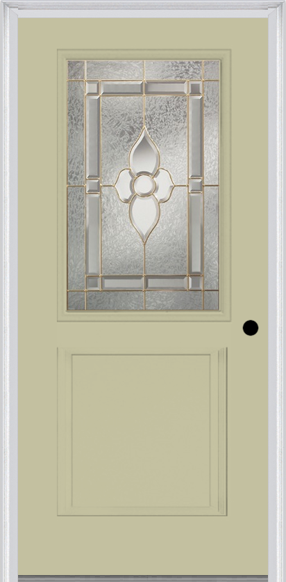 MMI 1/2 Lite 1 Panel 6'8" Fiberglass Smooth Nouveau Nickel Or Nouveau Patina Decorative Glass Exterior Prehung Door 682