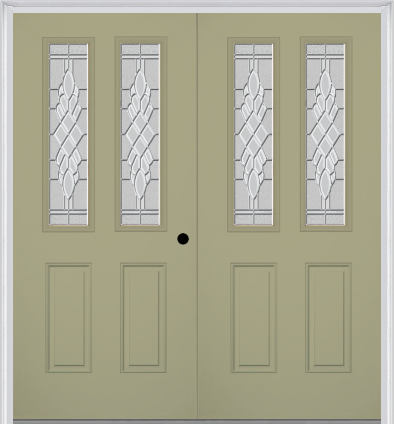 MMI TWIN/DOUBLE 2-1/2 LITE 2 PANEL 6'8" FIBERGLASS SMOOTH GRACE NICKEL OR GRACE PATINA DECORATIVE GLASS EXTERIOR PREHUNG DOOR 692