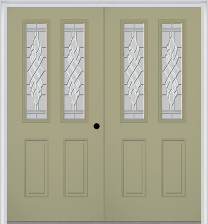 MMI TWIN/DOUBLE 2-1/2 LITE 2 PANEL 6'8" FIBERGLASS SMOOTH GRACE NICKEL OR GRACE PATINA DECORATIVE GLASS EXTERIOR PREHUNG DOOR 692