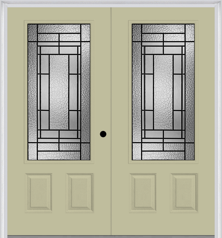 MMI TWIN/DOUBLE 3/4 LITE 2 PANEL 6'0" X 6'8" FIBERGLASS SMOOTH PEMBROOK PATINA DECORATIVE GLASS EXTERIOR PREHUNG DOOR 607