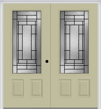 MMI TWIN/DOUBLE 3/4 LITE 2 PANEL 6'0" X 6'8" FIBERGLASS SMOOTH PEMBROOK PATINA DECORATIVE GLASS EXTERIOR PREHUNG DOOR 607