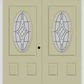 MMI Twin/Double Small Oval 2 Panel 6'8" Fiberglass Smooth Grace Nickel Or Grace Patina Decorative Glass Exterior Prehung Door 949