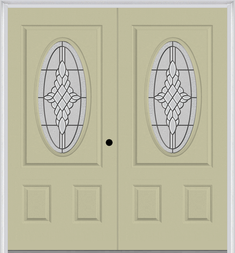 MMI Twin/Double Small Oval 2 Panel 6'8" Fiberglass Smooth Grace Nickel Or Grace Patina Decorative Glass Exterior Prehung Door 949