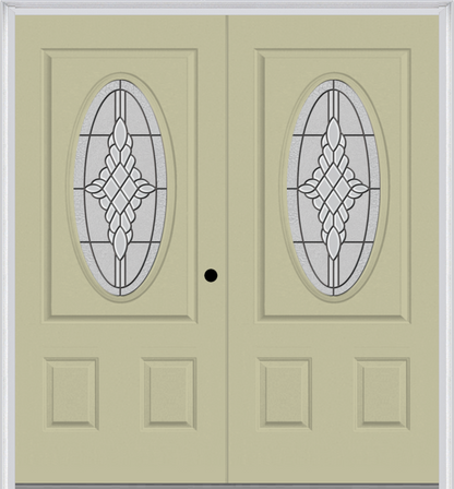 MMI Twin/Double Small Oval 2 Panel 6'8" Fiberglass Smooth Grace Nickel Or Grace Patina Decorative Glass Exterior Prehung Door 949