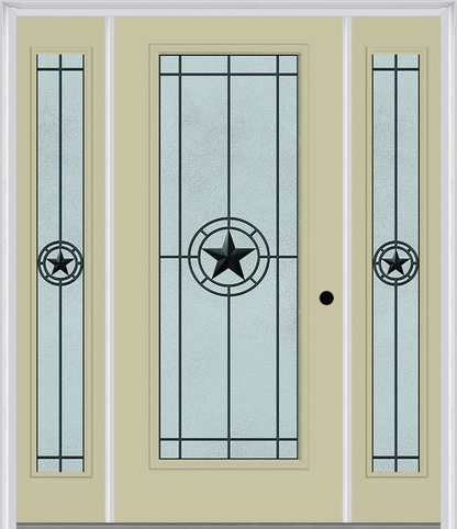 MMI Full Lite 6'8" Fiberglass Smooth Elegant Star Wrought Iron Exterior Prehung Door With 2 Full Lite Elegant Star Wrought Iron Decorative Glass Sidelights 686